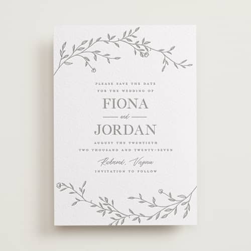 This is a granite save the date with letterpress by Vera Lim called jasmine printing on white cotton in standard