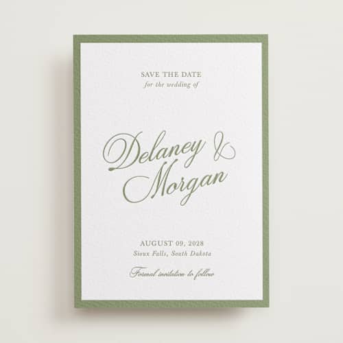This is a olive save the date with letterpress by Cass Loh called classic bold border printing on white cotton in standard