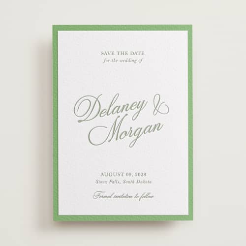 This is a olive save the date with letterpress by Cass Loh called classic bold border printing on white cotton in standard