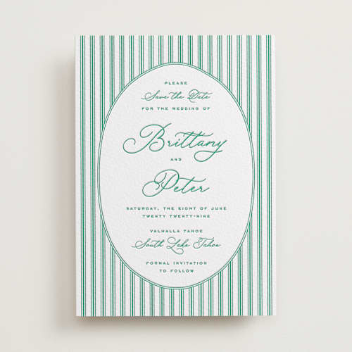 This is a racing green save the date with letterpress by Claudia Orengo called lakeview printing on white cotton in standard