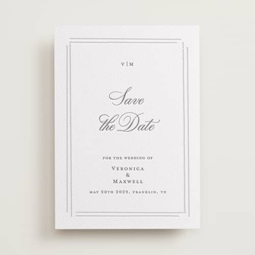This is a smoke save the date with letterpress by Jelena Vuletic called clarion printing on white cotton in standard