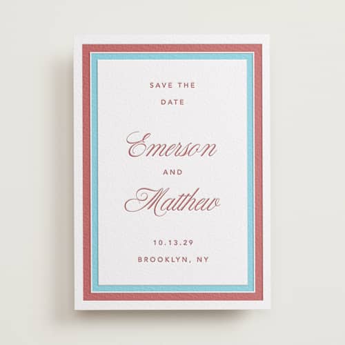 This is a ruby save the date with letterpress by Kelly Watkins called charm printing on white cotton in standard