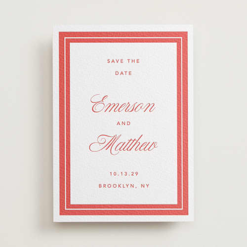 This is a ruby | vista save the date with letterpress by Kelly Watkins called charm printing on white cotton in standard