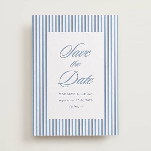 This is a pacific blue save the date with letterpress by Morgan Kendall called catamaran printing on white cotton in standard