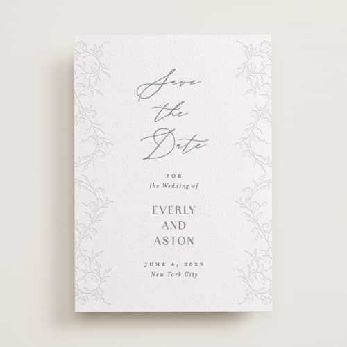 This is a smoke save the date with letterpress by Nicoletta Savod called delicately printing on white cotton in standard