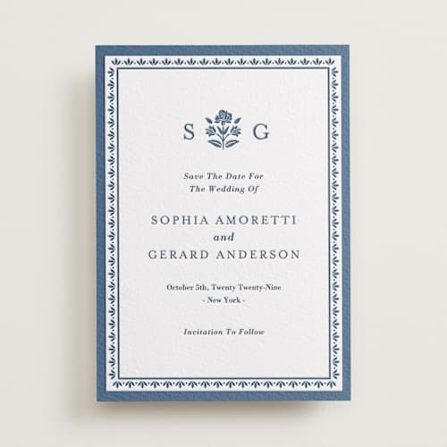 This is a blueberry save the date with letterpress by Oma N. Ramkhelawan called pressed motif printing on white cotton in standard