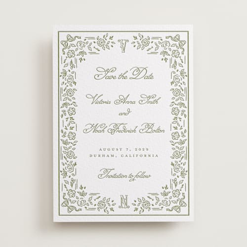 This is a olive save the date with letterpress by Petra Kern called crestino printing on white cotton in standard