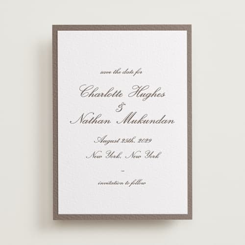 This is a cacao bean save the date with letterpress by Sara Hicks Malone called grammercy printing on white cotton in standard
