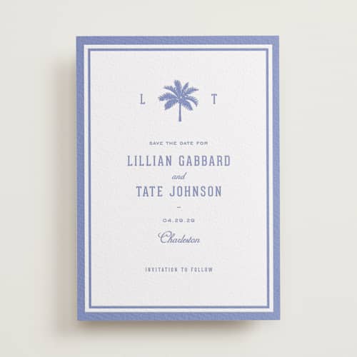This is a bluebell save the date with letterpress by Sara Hicks Malone called preston printing on white cotton in standard