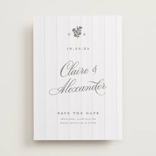 This is a smoke save the date with letterpress by Creo Study called heirloom printing on white cotton in standard