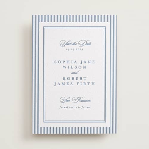 This is a pacific blue save the date with letterpress by Creo Study called posh printing on white cotton in standard