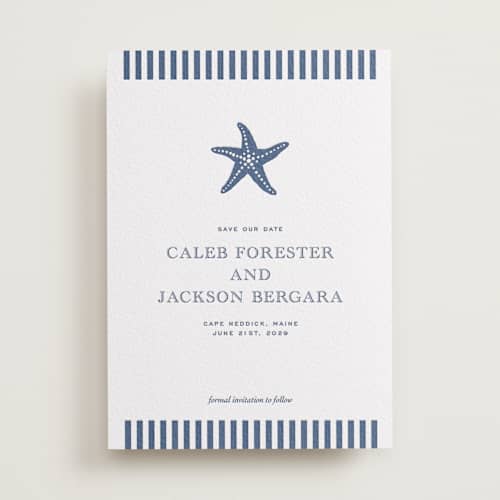 This is a blueberry save the date with letterpress by Jenna Holcomb called the sea printing on white cotton in standard