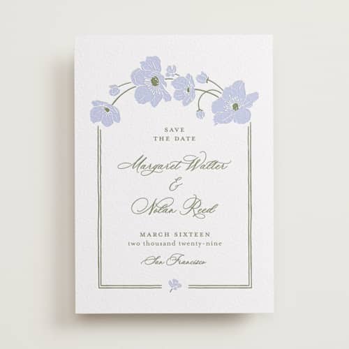 This is a vista save the date with letterpress by letterfix called anemones printing on white cotton in standard