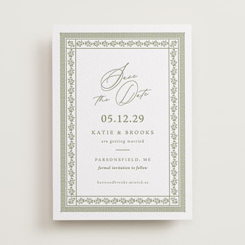 This is a artichoke save the date with letterpress by Olivia Raufman called posy printing on white cotton in standard