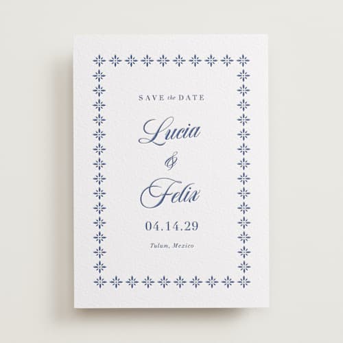 This is a lapis save the date with letterpress by Olivia Raufman called talavera tiles printing on white cotton in standard