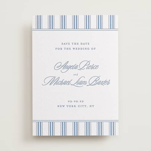 This is a pacific blue save the date with letterpress by Creo Study called stately printing on white cotton in standard