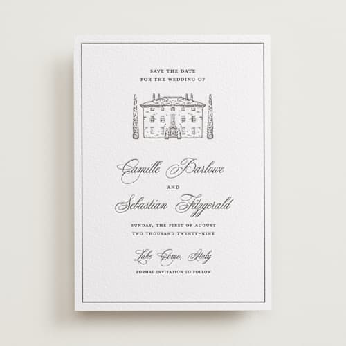 This is a graphite save the date with letterpress by Melinda Denison called italian countryside printing on white cotton in standard
