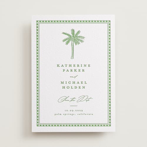 This is a fern save the date with letterpress by Creo Study called iconic printing on white cotton in standard