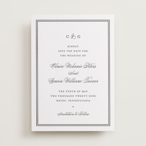 This is a soft black save the date with letterpress by Carolyn MacLaren called timeless together printing on white cotton in standard