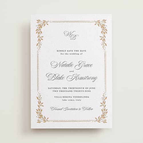 This is a saffron save the date with letterpress by Kate Ahn called lake como printing on white cotton in standard