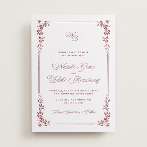 This is a maraschino | soft black save the date with letterpress by Kate Ahn called lake como printing on luxe white cotton in standard