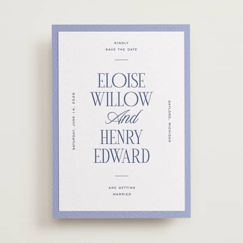 This is a lavender save the date with letterpress by Pixel and Hank called threaded printing on white cotton in standard