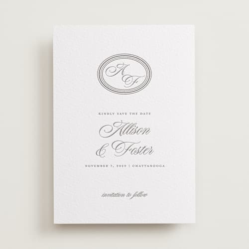 This is a graphite save the date with letterpress by Jessica Williams called haverly printing on white cotton in standard
