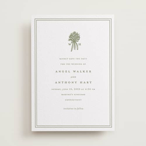 This is a artichoke save the date with letterpress by Lori Wemple called wedding bouquet printing on white cotton in standard