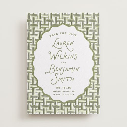 This is a artichoke save the date with letterpress by Oscar and Emma - Karly Depew called marshland printing on white cotton in standard