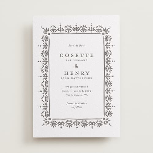 This is a graphite save the date with letterpress by Melanie Kosuge called cosette printing on white cotton in standard