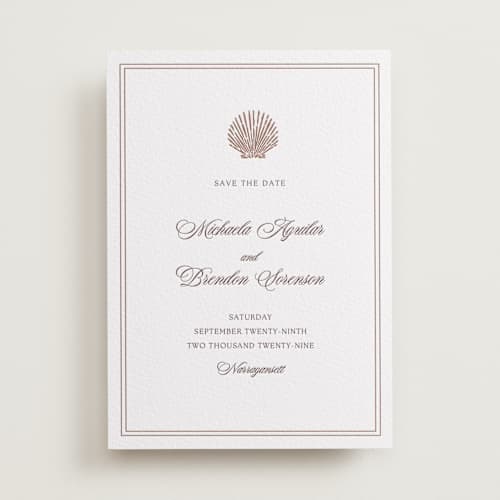 This is a clove save the date with letterpress by Griffinbell Paper Co. called seaside printing on luxe white cotton in standard