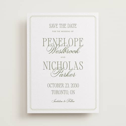 This is a artichoke save the date with letterpress by Kelly Schmidt called overlapped script printing on luxe white cotton in standard