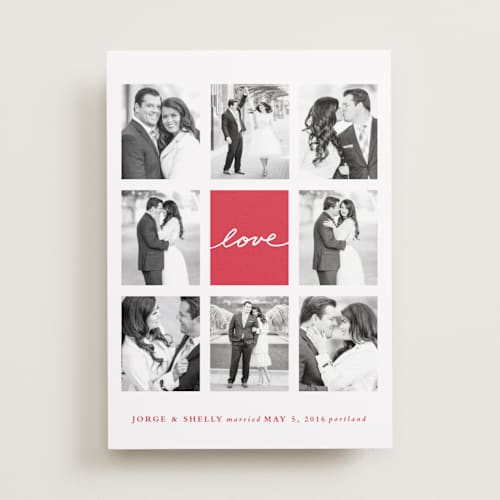 This is a strawberry wedding announcements with standard by Stacey Meacham called joie grid printing on recycled smooth signature in standard