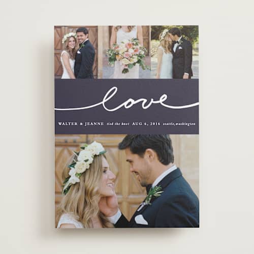 This is a eggplant wedding announcements with standard by Stacey Meacham called oh joy printing on recycled smooth signature in standard