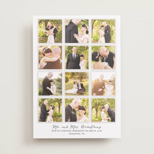 This is a snowfall wedding announcements with standard by Robin Ott called a year in my life printing on recycled smooth signature in standard