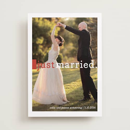 This is a crimson wedding announcements with standard by Snow and Ivy called be joyful printing on recycled smooth signature in standard