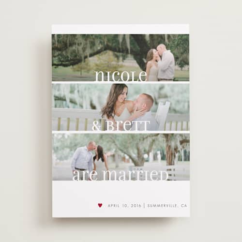 This is a burgundy wedding announcements with standard by Susie Allen called clean merry wishes printing on recycled smooth signature in standard