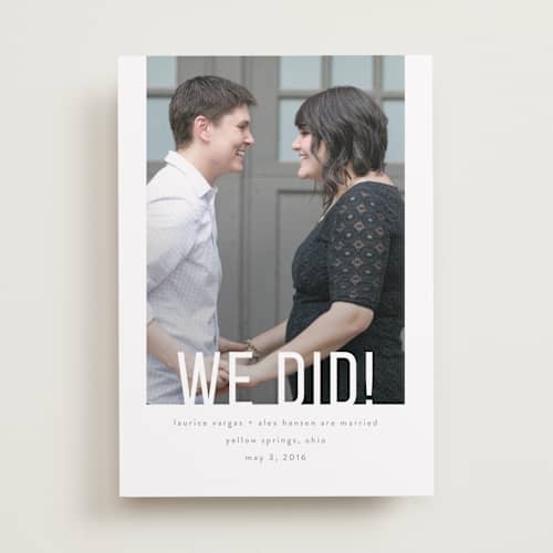 This is a cement wedding announcements with standard by Up Up Creative called date check printing on recycled smooth signature in standard