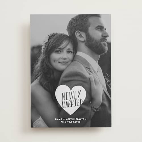 This is a frost wedding announcements with standard by Kim Chow called merry + married printing on recycled smooth signature in standard