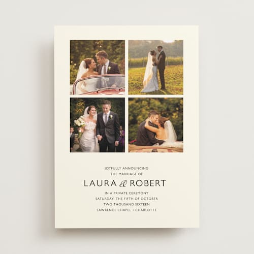 This is a ivory wedding announcements with standard by Carrie Eckert called moments captured printing on recycled smooth signature in standard
