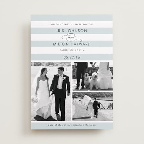 This is a overcast blue wedding announcements with standard by Jill Means called striped gallery printing on recycled smooth signature in standard