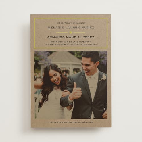 This is a chartreuse wedding announcements with standard by Waldo Press called vintage kraft printing on recycled smooth signature in standard