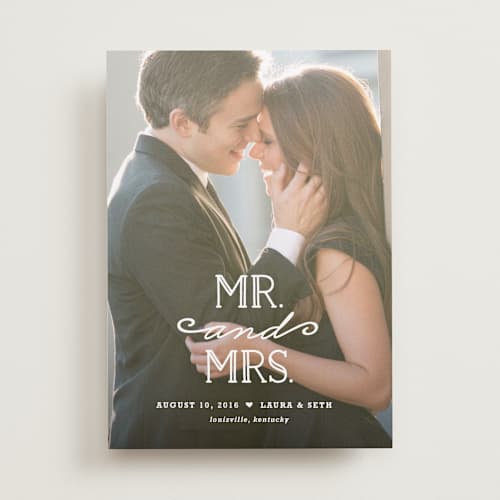 This is a snow wedding announcements with standard by Carolyn MacLaren called xoxo printing on recycled smooth signature in standard