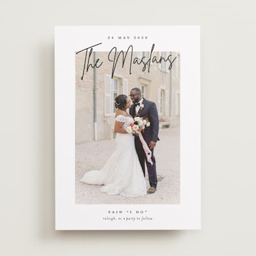 This is a pencil wedding announcements with standard by Stacey Meacham called signature names printing on recycled smooth signature in standard