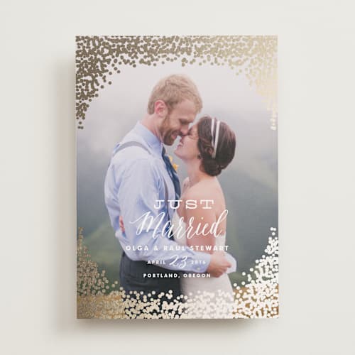 This is a gold wedding announcements with foil pressed by Annie Clark called gold rush printing on recycled smooth signature in standard