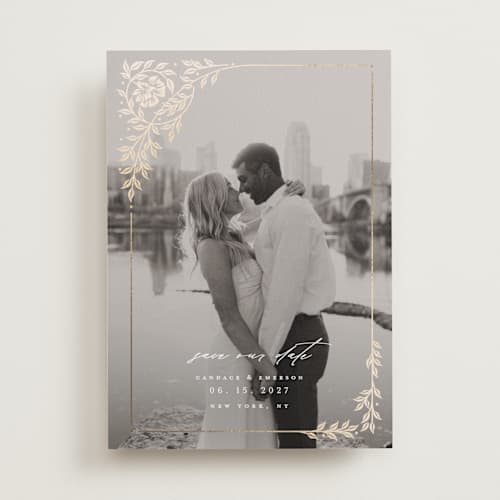 This is a ivory foil stamped save the date cards with foil pressed by Ana de Sousa called gilded nouveau frame printing on recycled smooth signature in standard