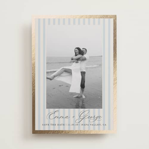 This is a provincial foil stamped save the date cards with foil pressed by Angela Thompson called emma printing on recycled smooth signature in standard