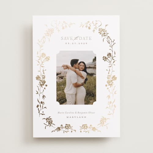 This is a gold summer foil stamped save the date cards with foil pressed by Erin L. Wilson called victorian trellis printing on recycled smooth signature in standard