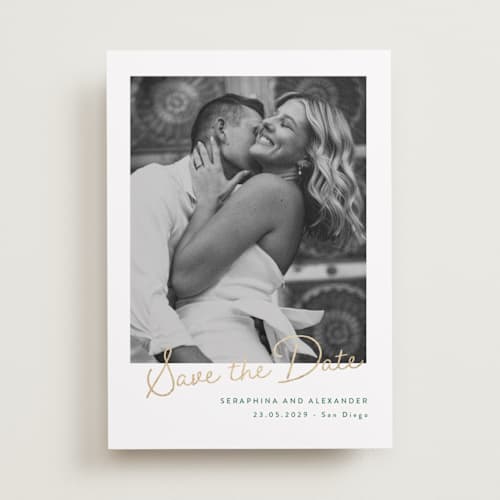 This is a garden green foil stamped save the date cards with foil pressed by Lucrecia Caporale called coastal bloom printing on recycled smooth signature in standard