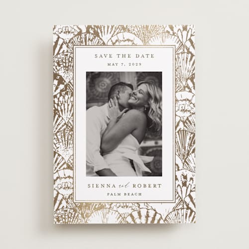 This is a pearl foil stamped save the date cards with foil pressed by Maria Alou called by the seashore printing on recycled smooth signature in standard